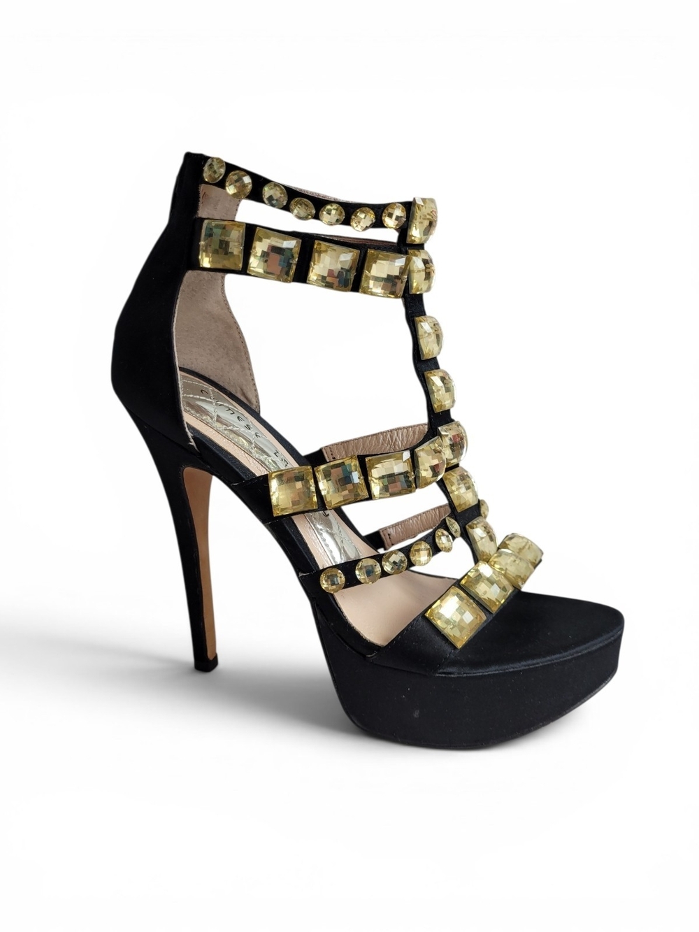 Chinese Laundry Money Maker Platform Pleaser Heels Gold Gem Accents 8.5